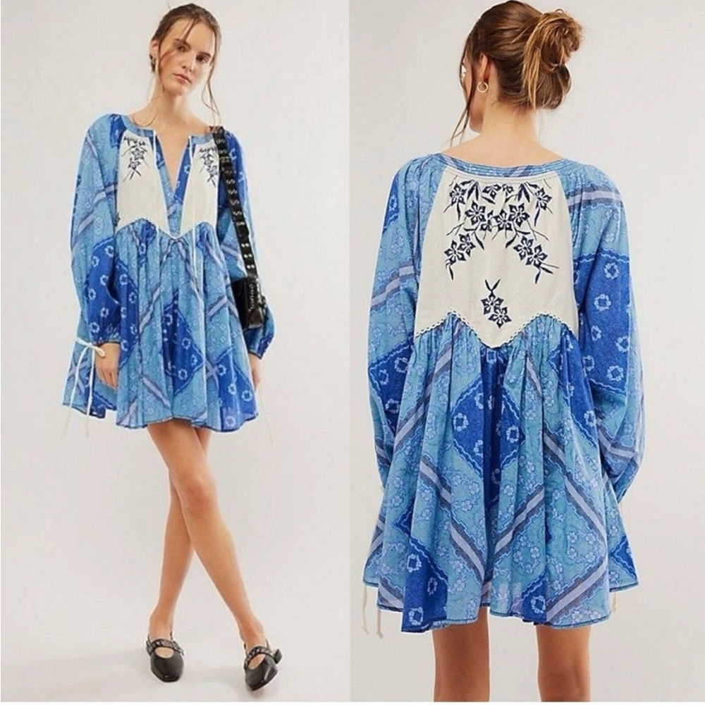 Free People Western Bohemian Patchwork Day Dreaming Mini in Indigo Blue Large